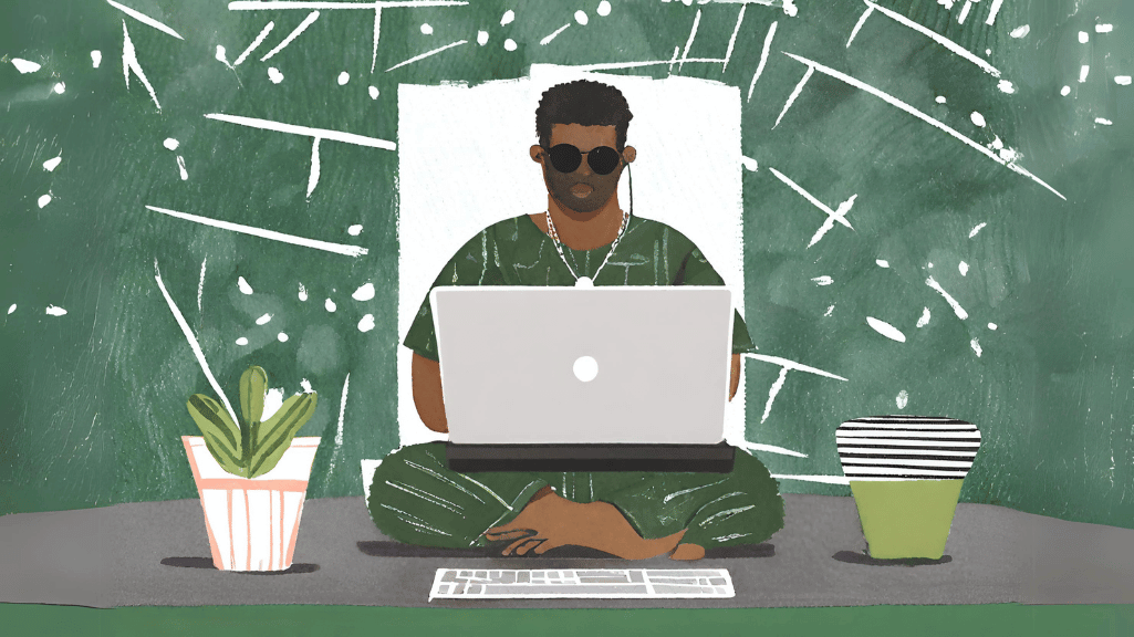 Watercolour art of a black man sitting cross legged, wearing sunglasses and sitting in front of his laptop.
