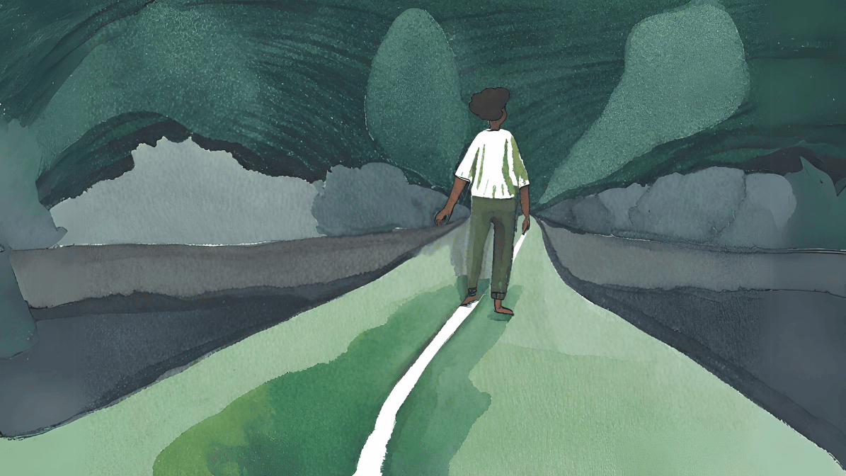 Watercolour art of a black man walking down a street, looking sad and defeated.
