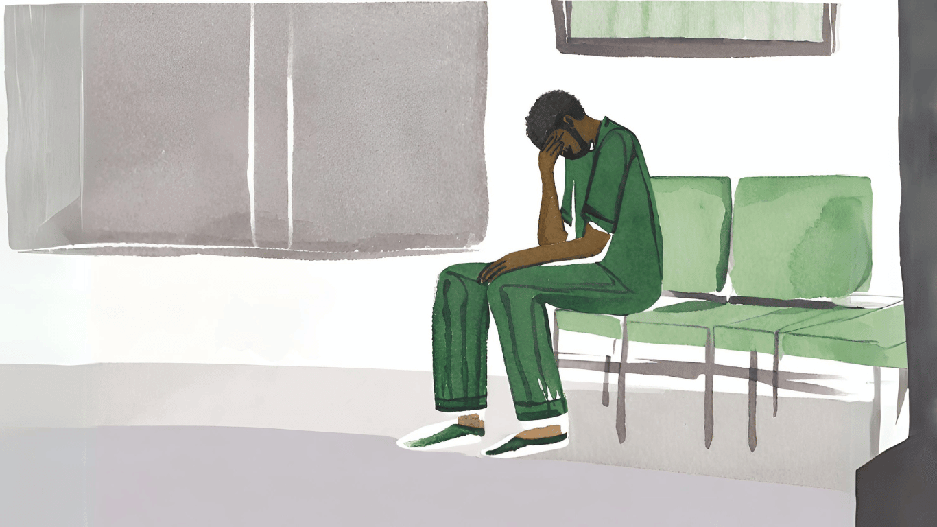 Watercolour art of an emotional black man sitting down in a hospital waiting room, looking down one of his hand on his face..