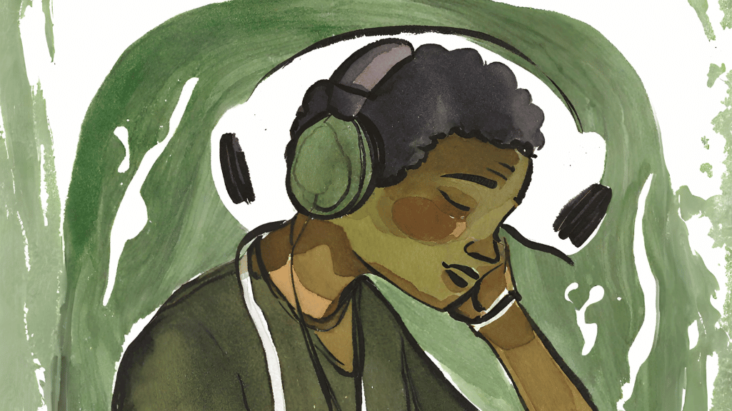 Watercolour art of a black man wearing over-ear headphones, with eyes closed and deep in thought