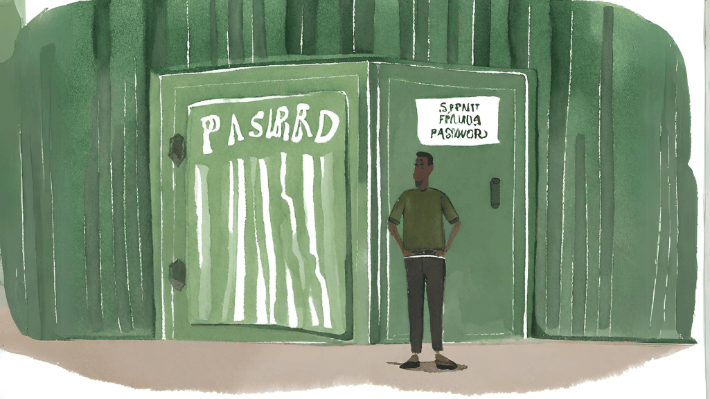 Watercolour art of a black man is standing in front of a huge green bank vault with passwords inside it.