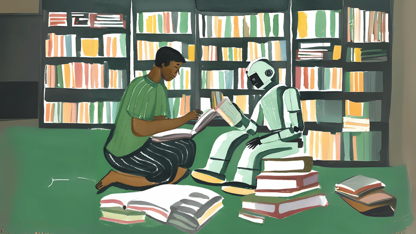 Watercolour art of a black man and a robot  on a floor, surrounded by books, and reading a book each together.